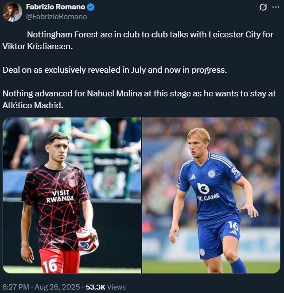 开云体育官网-罗马诺：诺丁汉森林在和莱斯特城谈后卫克里斯蒂安森的转会